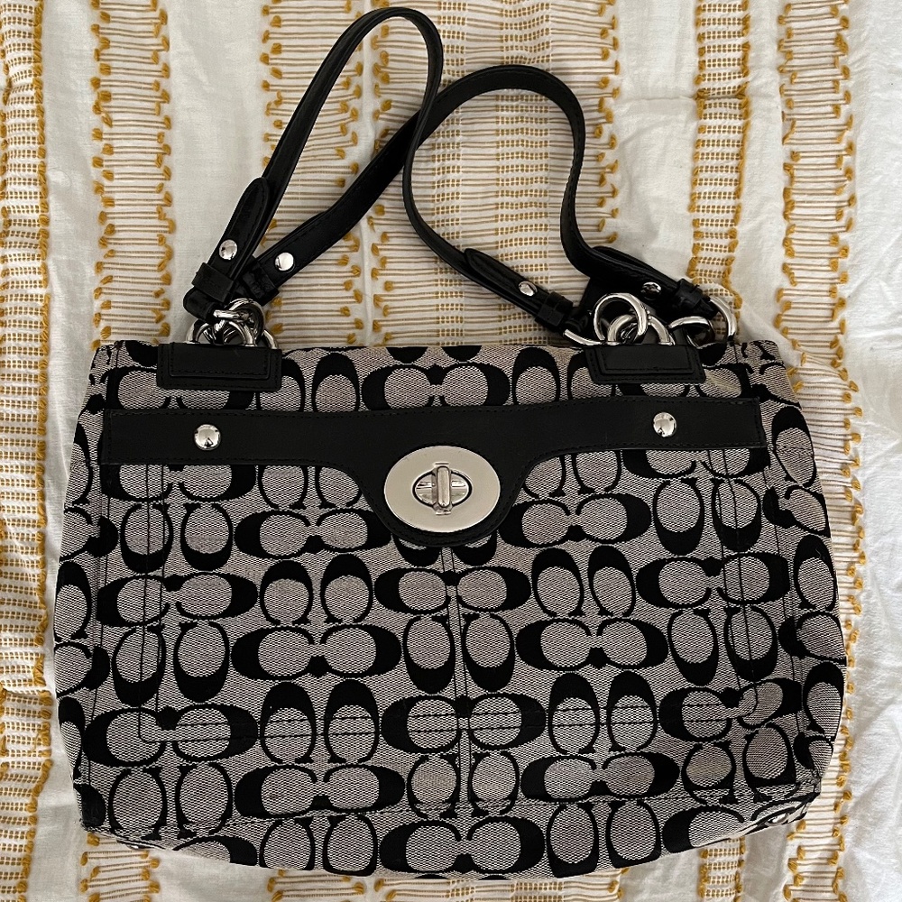 Grey and Black Coach Bag with Wallet and Makeup Bag